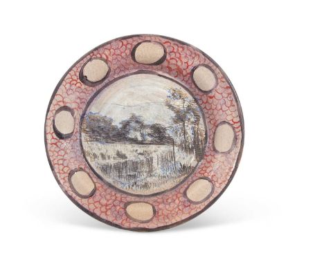 Quentin Bell (1910-1996) Fulham Pottery dish with incised landscape design within pink painted fish scale borders the base ma