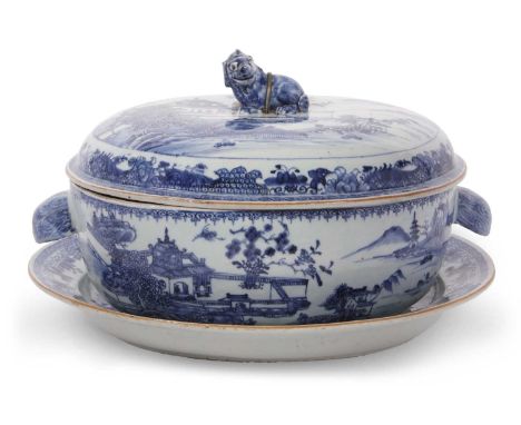 An 18th Century Chinese porcelain tureen stand with tureen and cover, the matching cover with line finial (crack to tureen ba