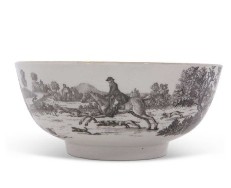 An 18th Century Worcester porcelain bowl with a continuous printed hunting scene, the interior with further hunting print, 19