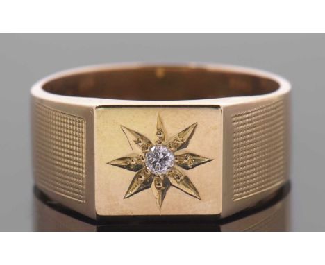 A gentlemans 9ct diamond ring, the central square plaque with a single gypsy set diamond, estimated approx. 0.08cts, with tap