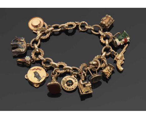 A 9ct charm bracelet, the fancy link bracelet with wreath style links stamped 375 and hallmarked Birmingham (year indistinct)