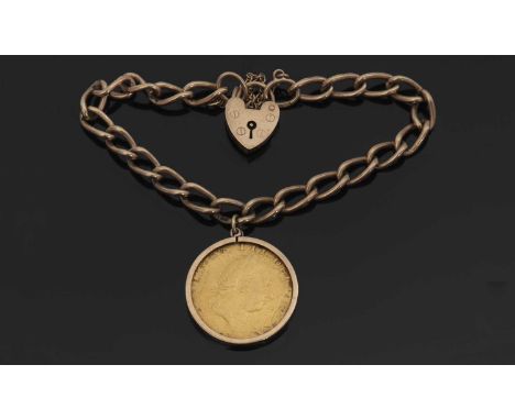 A 1787 Spade Guinea curblink bracelet, the Spade Guinea in 9ct mount hallmarked Birmingham 1991, fixed to curblink bracelet s