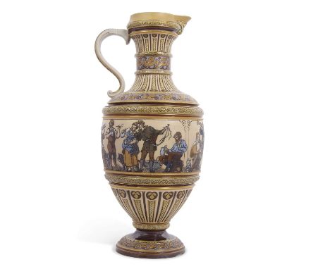 A very large Mettlach ewer with a central frieze of dancing couples within geometric and leaf borders, the base with factory 