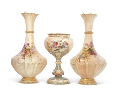 A pair of Royal Worcester vases with flared necks, the blush ground painted with flowers, puce factory mark to base together 