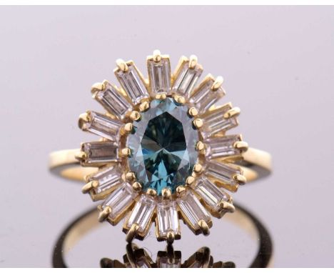A blue and white diamond daisy cluster ring, the central oval treated blue diamond, estimated approx. 1.44cts, surrounded by 