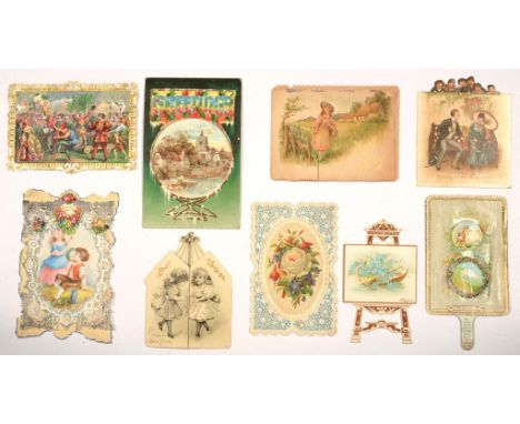A COLLECTION OF VICTORIAN VALENTINE AND OTHER GREETINGS CARDS, ALL CHROMO EMBOSSED, PAPER LACE AND MOVEABLE EXAMPLES AND AN E
