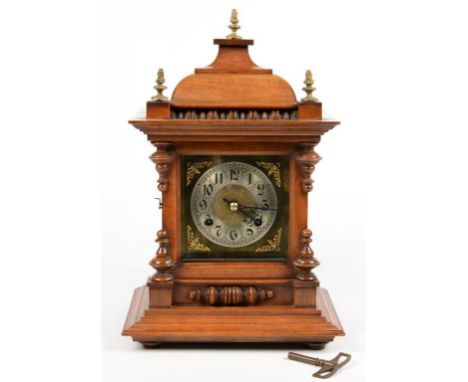 A GERMAN BRASS MOUNTED WALNUT MANTEL CLOCK, 40CM H C, 1900 