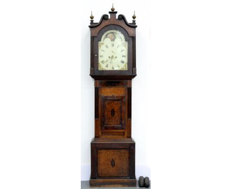 A VICTORIAN OAK, MAHOGANY AND INLAID EIGHT DAY LONGCASE CLOCK, THE PAINTED DIAL WITH LUNAR WORK, 225 X 58CM 