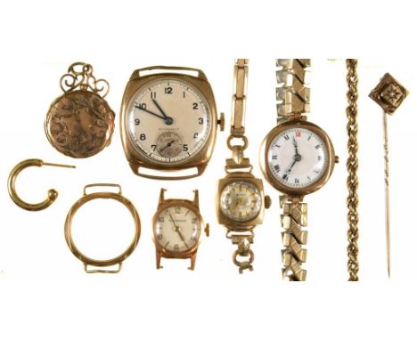 MISCELLANEOUS GOLD JEWELLERY AND WATCHES, TO INCLUDE A JAEGER LECOULTRE 18CT GOLD LADY'S WRISTWATCH, A 9CT GOLD LADY'S WRISTW