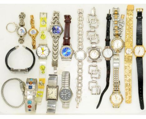 SEVENTEEN VARIOUS WRISTWATCHES, TO INCLUDE CALVIN KLEIN, HARRODS AND FOSSIL AND MISCELLANEOUS CULTURED PEARL BRACELETS AND NE