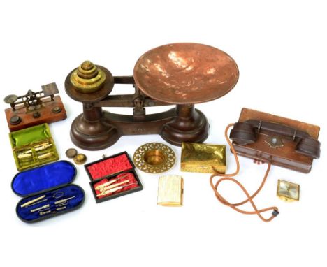 A GEC BROWN BAKELITE AND MAHOGANY WALL BUTTON TELEPHONE, A VICTORIAN GILT BRASS POSTAL BALANCE ON WALNUT BASE, W &amp; T AVER
