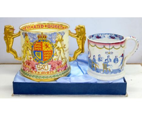 A PARAGON ROYAL COMMEMORATIVE LOVING CUP, CORONATION OF KING GEORGE VI AND QUEEN ELIZABETH, 13CM H, GILT PRINTED MARK AND NUM
