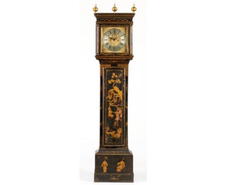 AN ENGLISH JAPANNED EIGHT DAY LONGCASE CLOCK, JACOB ODELL ST  ALBANS, MID 18TH C, the brass dial with matted centre engraved 