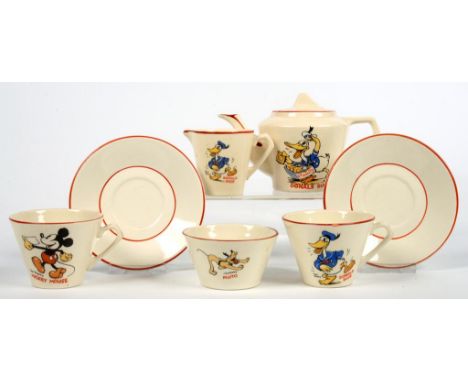 AN EARTHENWARE WALT DISNEY. CHILD'S TEA SERVICE COMPRISING, TWO TEACUPS AND SAUCERS DONALD DUCK AND MICKEY MOUSE, SUGAR AND C