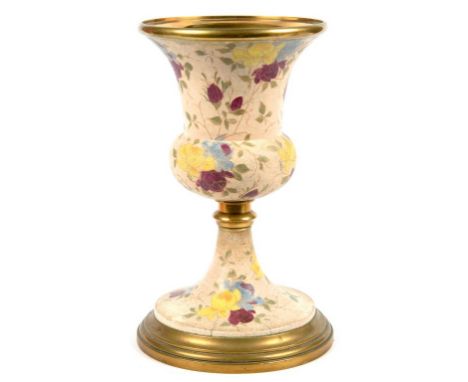 A BRASS MOUNTED FLORAL PAINTED EARTHENWARE OIL LAMP BASE,  C1900