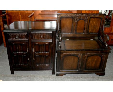 A DARK STAINED OAK MONKS BENCH, 96CM L AND A SIMILAR DRESSER  