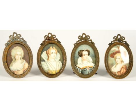 FOUR SIMILAR FRENCH DECORATIVE OVAL PORTRAIT MINIATURES OF NOBLE LADIES, GILTMETAL FRAMES, 9.5CM C AND C, EARLY 20TH C 