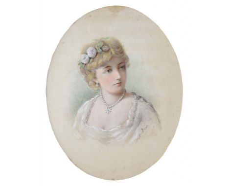 ENGLISH SCHOOL, 19TH C, PORTRAIT OF A YOUNG GIRL IN A PEARL NECKLACE, BUST LENGTH, WATERCOLOUR, OVAL, 35 X 27CM, UNFRAMED  