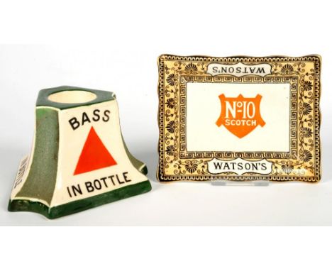 BREWERIANNA.  A ROYAL DOULTON EARTHENWARE MATCH STAND/STRIKER OF FLARED TRIANGULAR SHAPE INSCRIBED  BASS IN BOTTLE, 6.5C M H,