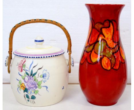 A POOLE POTTERY DELPHIS VASE, 22CM H, IMPRESSED MARK AND A POOLE BISCUIT BARREL AND COVER, PRINTED MARK 