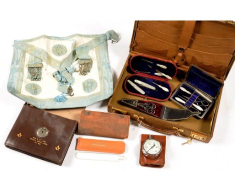 A VICTORIAN MOTHER OF PEARL MANICURE SET, IN PLUSH LINED LEATHER CASE, THE LID LETTERED IN GILT LOUISA 1880, TO INCLUDE TWO C