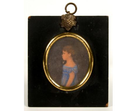 ENGLISH SCHOOL, 19TH C PORTRAIT MINIATURE OF A CHILD, HALF LENGTH IN A BLUE DRESS, WATERCOLOUR ON CARD, OVAL, 6.5 X 5.5CM, PA