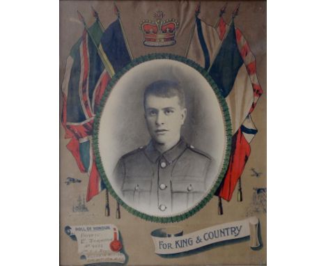 WORLD WAR ONE SOLDIER'S MEMORIAL PORTRAIT. AN OVERPAINTED PHOTOGRAPH IN CHROMO MOUNT, INSCRIBED PRIVATE E JOHNSON 9832 2ND EL
