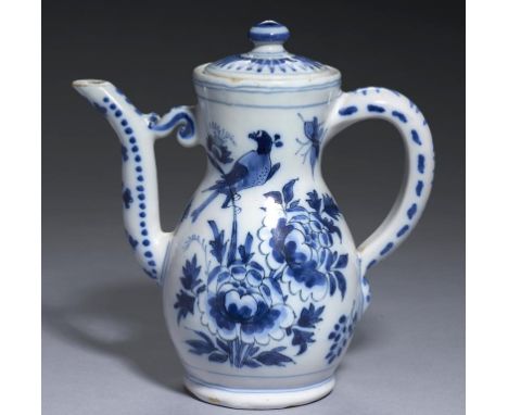 A DUTCH DELFTWARE COFFEE POT AND COVER,  18TH C, with bridged spout, painted to either side with birds, an insect, bamboo and