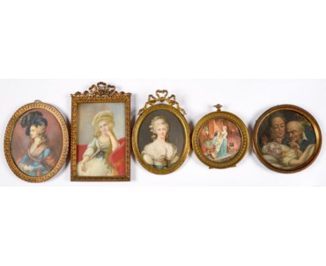 FOUR VARIOUS DECORATIVE FRENCH MINIATURES, GILTMETAL FRAMES, VARIOUS SIZES, EARLY 20TH C AND A 19TH C  PAPIER MÂCHÉ SNUFF BOX