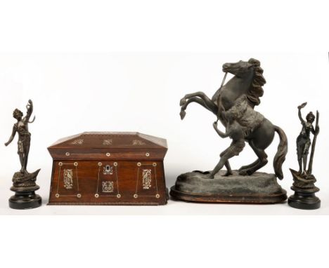 AN EARLY VICTORIAN ROSEWOOD AND MOTHER OF PEARL INLAID TEA CADDY OF SARCOPHAGUS SHAPE, THE FITTED INTERIOR WITH PAIR OF CANIS