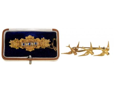 A SAPPHIRE, SPLIT PEARL AND 9CT GOLD MOURNING BROOCH, 46 MM L AND A DIAMOND, RUBY AND GOLD SWALLOW BROOCH, UNMARKED, 57MM, 9.