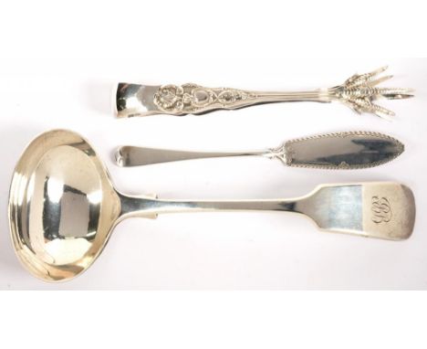 A VICTORIAN SILVER SOUP LADLE, 16.5CM L, BY JOSEPH RODGERS &amp; SONS LTD, BIRMINGHAM 1886, A PAIR OF VICTORIAN SILVER SUGAR 