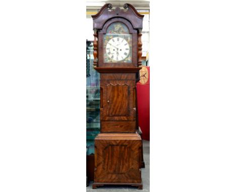 A VICTORIAN EIGHT DAY MAHOGANY AND CROSS BANDED LONGCASE CLOCK, THE BREAK ARCHED DIAL PAINTED WITH THE ASCENSION TO THE ARCH 