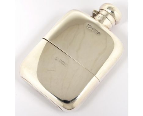 A GEORGE V SILVER HIP FLASK, 13 CM H, MAKER'S MARK RUBBED, BIRMINGHAM 1918, 8OZS++TARNISHING INSIDE LID 