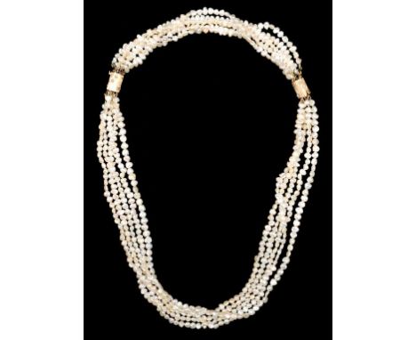 A BAROQUE PEARL TORSADE WITH TWO SPLIT PEARL SET GOLD CLASPS, MARKED K14, 62 CM L, 98G++GOOD CONDITION 