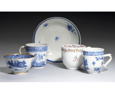 A CAUGHLEY BLUE AND WHITE SAUCER, C1785-95 painted with the Salopian Sprigs pattern, 14cm diam, underglaze blue painted S, a 
