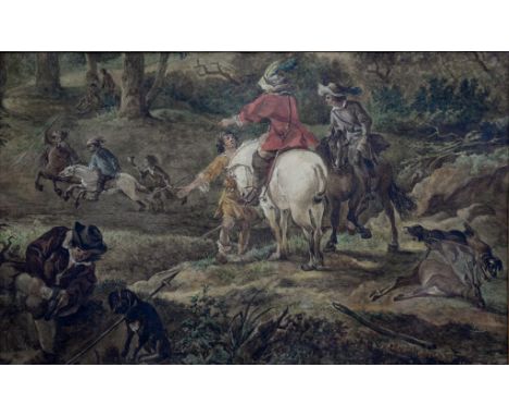 FOLLOWER OF GEORGE OR CHARLES CATTERMOLE, THE HUNTING PARTY, WATERCOLOUR, 28 X 45CM  