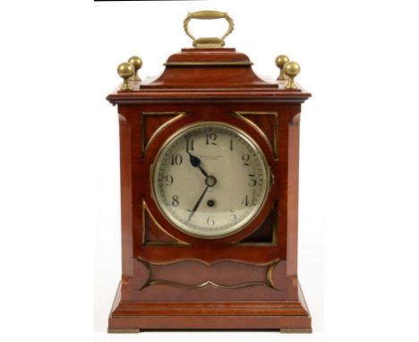 A LATE VICTORIAN  BRASS MOUNTED MAHOGANY MANTEL CLOCK, THE SILVERED DIAL INSCRIBED BARRAUD &amp; LUNDS LONDON, THE FUSEE MOVE