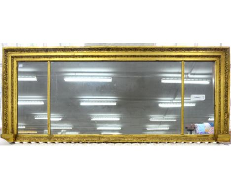 A VICTORIAN GILTWOOD AND COMPOSITION OVER MANTEL MIRROR, 63CM H, 154CM L 