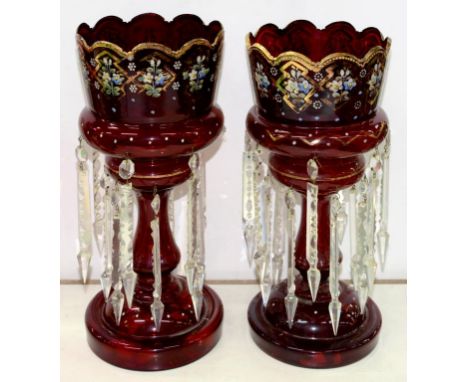 A PAIR OF VICTORIAN ENAMELLED AND GILT RUBY GLASS LUSTRES, 37CM H 