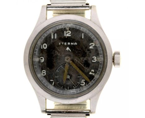 AN ETERNA MILITARY ISSUE STAINLESS STEEL WRISTWATCH, CASE BACK MARKED BROAD ARROW, WWW P 64 3108392, 35 MM DIAM++NOT RUNNING,