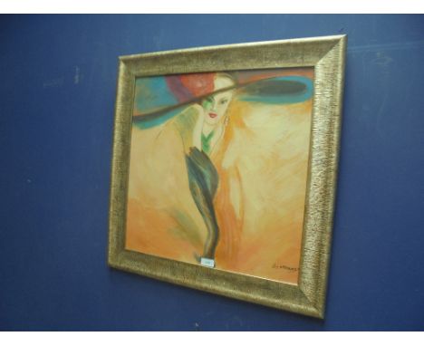 Ornately framed oil painting portrait of an Art Deco lady in soft brimmed hat 48.5x48.5cm