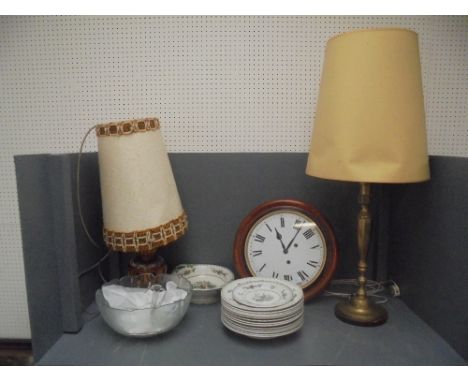 Copeland late Spode "Peplow" pattern part dinner service, glass punch bowl with cups, & modern wall clock & 2 table lamps