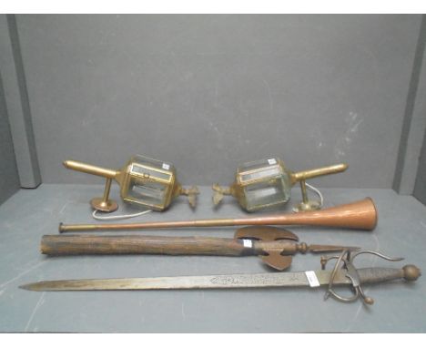 Pair of brass "lantern" type wall lights, copper hunting horn, Sabre with antique hilt, & C16th style axe head