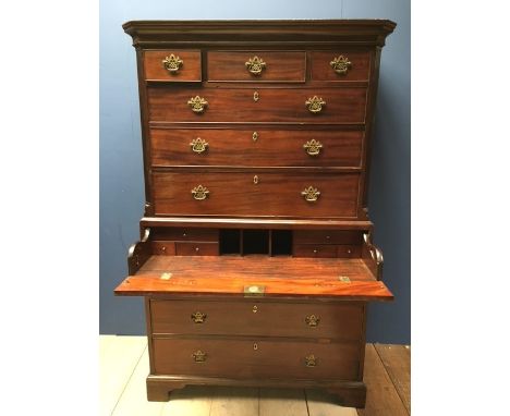 George III mahogany secretaire tallboy, the top with 3 small and 3 long drawers, pierced brass handles on a base with sliding