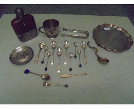 George V silver waiter with piecrust edge, Birmingham 1932, silver mounted leather hip flask, sterling silver mug & various s