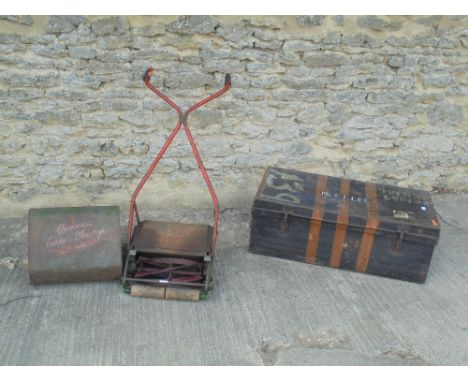 Qualcast "push" lawn mower & a tin trunk