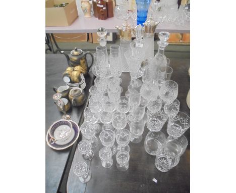 Qty of cut glass drinking glasses, 3 glass decanters, Japanese egg shell part tea service, & 2 claret jugs