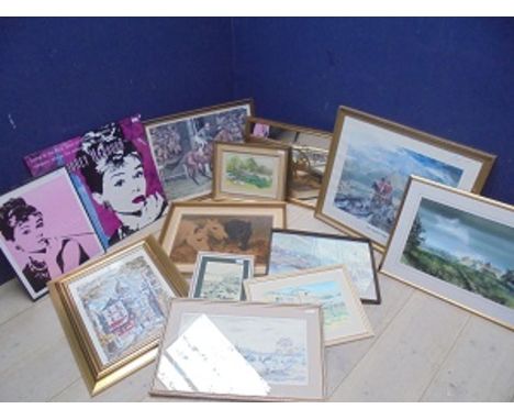 2 Audrey Hepburn poster prints, Tedworth Hunt print &amp; assorted prints &amp; Courage mirror