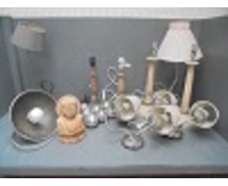 Assorted light fittings, shades, boulle set, china &amp; 2 prints